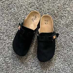 Yoki Black Suede Clog Mules Size 6.5 Buckle Strap Cork Sole
